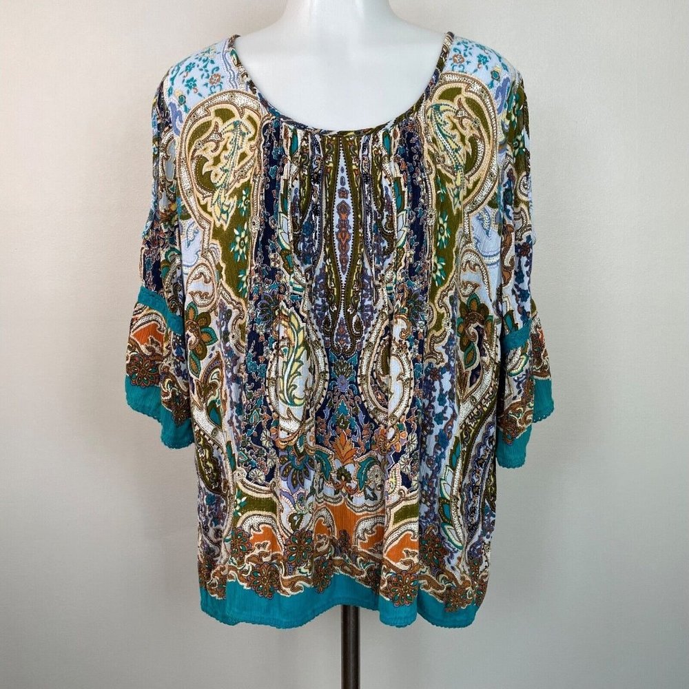Bila Top Large Blue Green Orange Paisley Boho Cold Shoulder Pleated Blouse Women